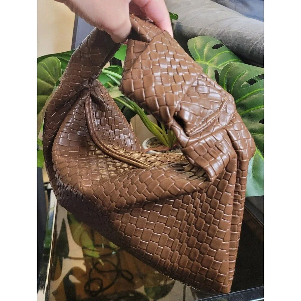 MOTF Premium Vegan Leather Textured Bagette HandBag - Brown Purse - Bow Detail